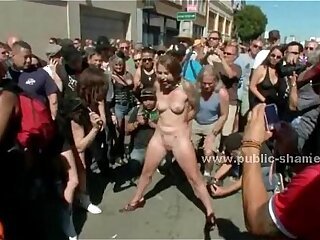 Naked slave fucked in public gang